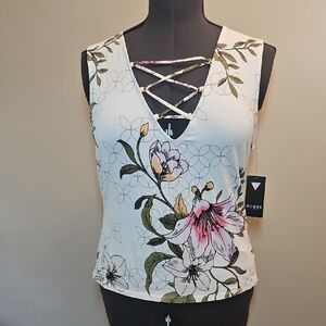 NWT GUESS Womens XL Floral Tank Top Sleeveless Cream
